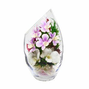 Flowers Purple Orchids, Limoniums Greenery in a Flat Rugby Glass Vase